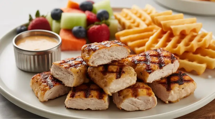 Close-up of freshly made healthy copycat Chick Fil A grilled nuggets, showcasing their seasoned and lightly charred exterior, served on a white plate in natural kitchen light