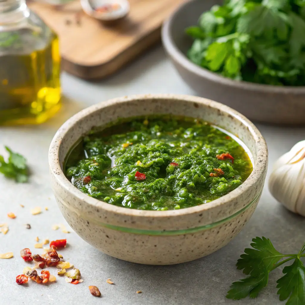 Close-up of fresh green chimichurri sauce with parsley, oregano, garlic, olive oil, and red pepper flakes in a rustic bowl