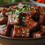 Chinese braised beef chunks with glossy sauce, garnished with sesame seeds and green herbs in a black ceramic bowl