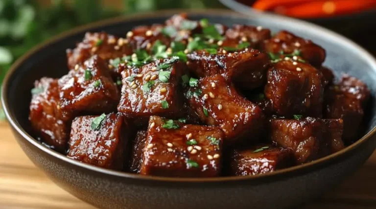 The Ultimate Chinese Braised Beef: Tender, Flavorful, and Easier Than You Think Chinese braised beef chunks with glossy sauce, garnished with sesame seeds and green herbs in a black ceramic bowl