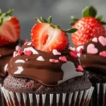 Chocolate covered strawberry cupcakes with ganache topping and fresh strawberry garnish, perfect Valentine's Day dessert
