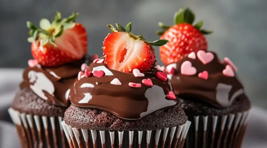 Chocolate covered strawberry cupcakes with ganache topping and fresh strawberry garnish, perfect Valentine's Day dessert