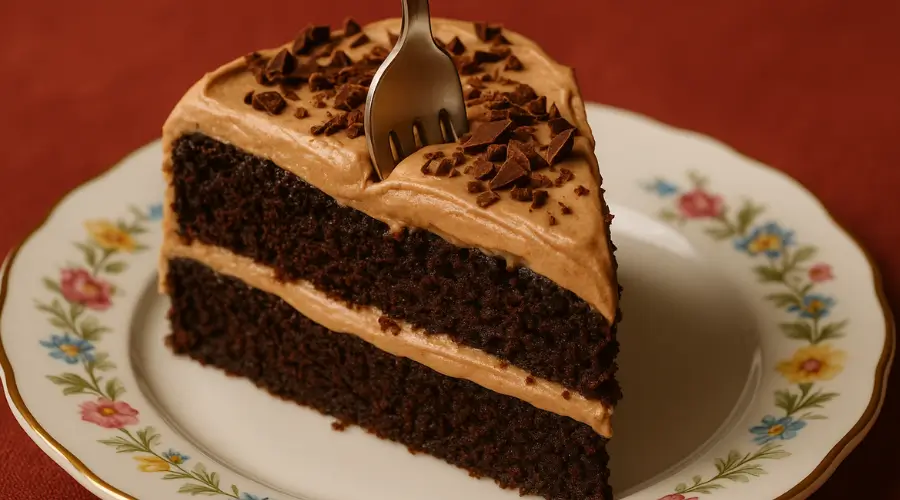 Close-up of a moist Chocolate Tres Leches Cake topped with fluffy chocolate whipped cream and chocolate shavings on a white plate.