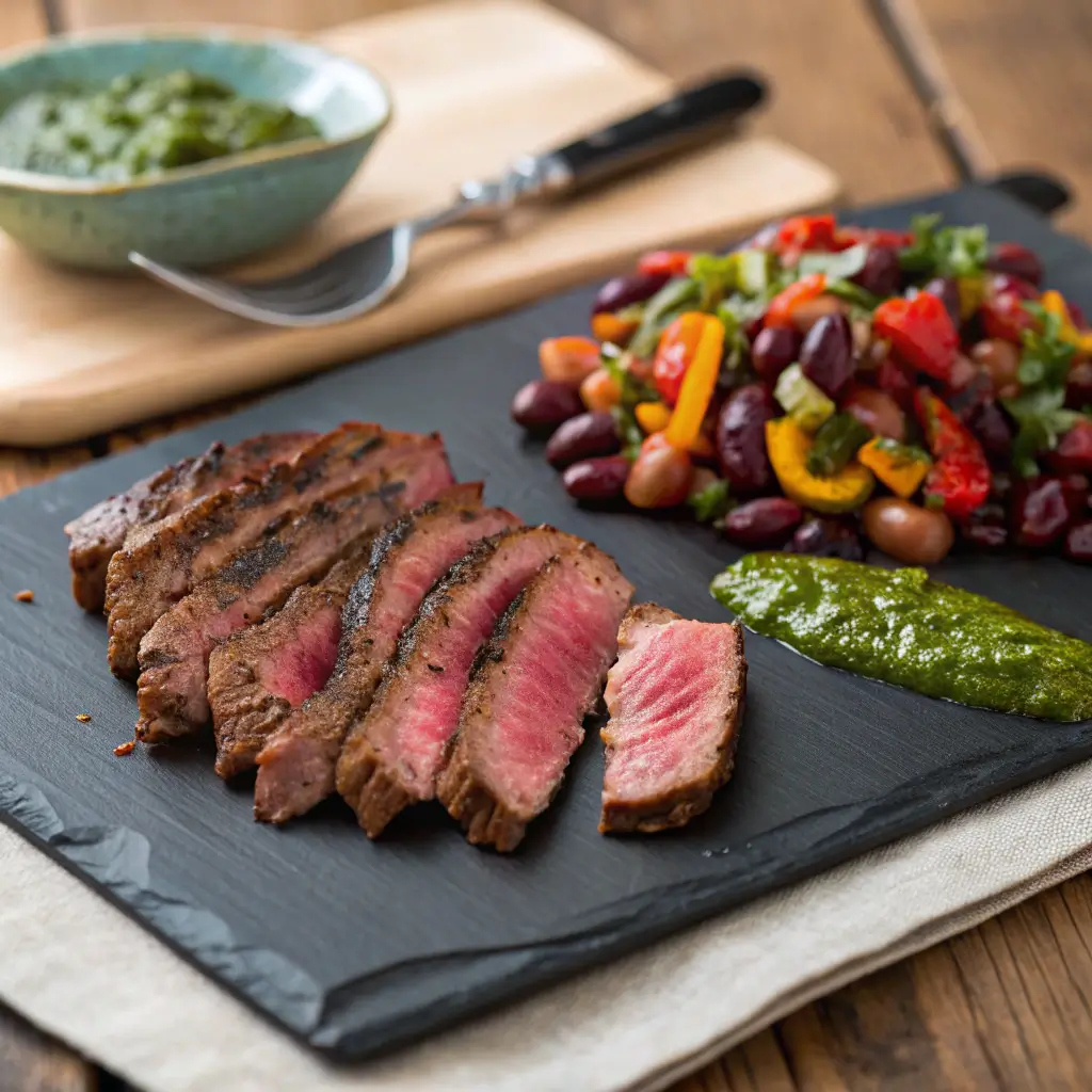 Complete protein-rich meal featuring sliced steak, dense bean salad, and chimichurri sauce