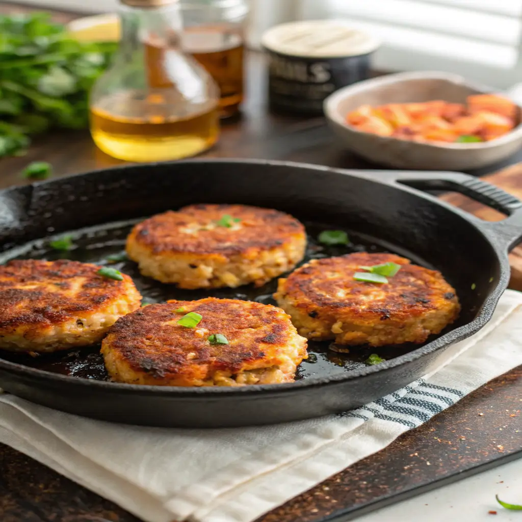 Pan-frying salmon cakes in a skillet, showing the golden crust from this salmon cakes recipe.