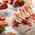Creamy strawberries and cream ice cream topped with fresh sliced strawberries and strawberry sauce