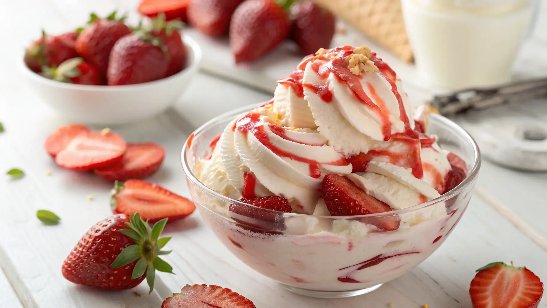 Creamy strawberries and cream ice cream topped with fresh sliced strawberries and strawberry sauce