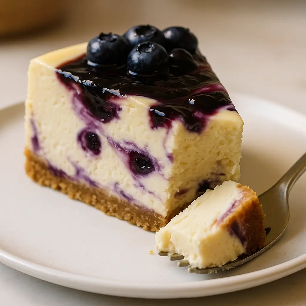 Creamy white chocolate blueberry cheesecake slice with bite taken out