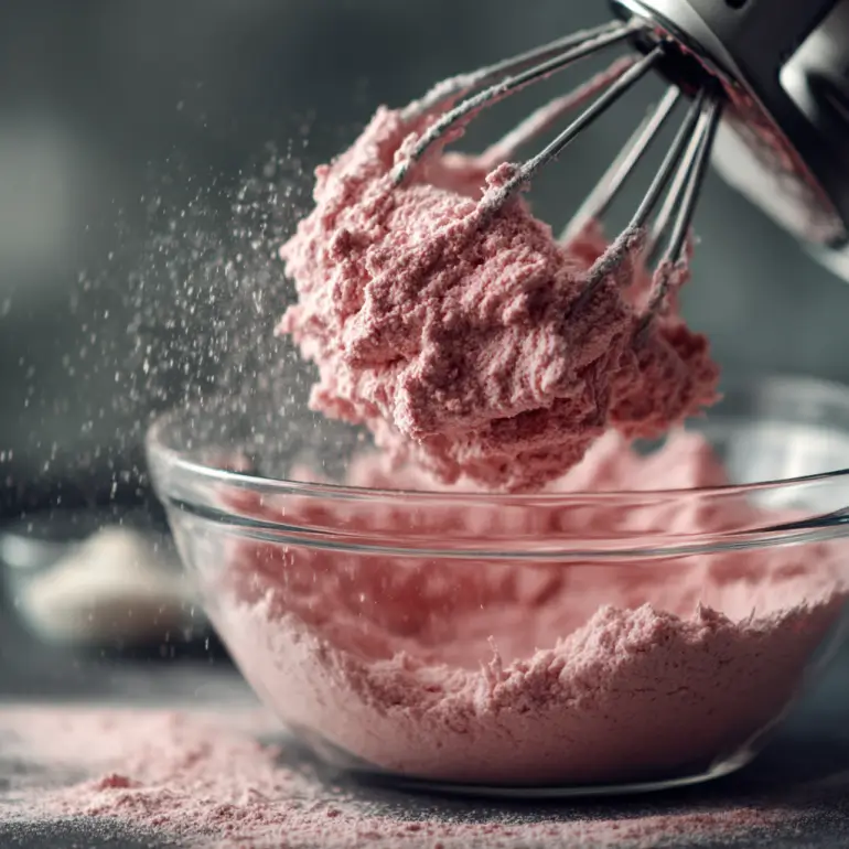 Vibrant pink strawberry buttercream made with freeze-dried strawberries for chocolate covered strawberry cupcakes