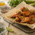 Crispy golden-brown cowboy butter chicken wings coated in a glossy garlic herb butter sauce, served on a wire rack with fresh parsley and lemon wedges.