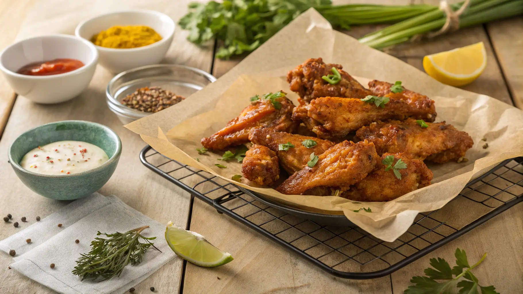 Crispy golden-brown cowboy butter chicken wings coated in a glossy garlic herb butter sauce, served on a wire rack with fresh parsley and lemon wedges.