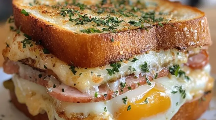 Close-up of a delicious Croque Madame sandwich with a perfectly fried egg, melted cheese, ham, and toasted bread, garnished with herbs