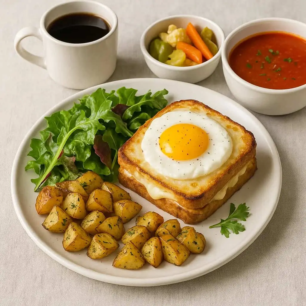 A beautifully plated Croque Madame sandwich served with fresh mixed greens, crispy roasted potatoes, and a small bowl of tomato soup, perfect for a balanced meal.