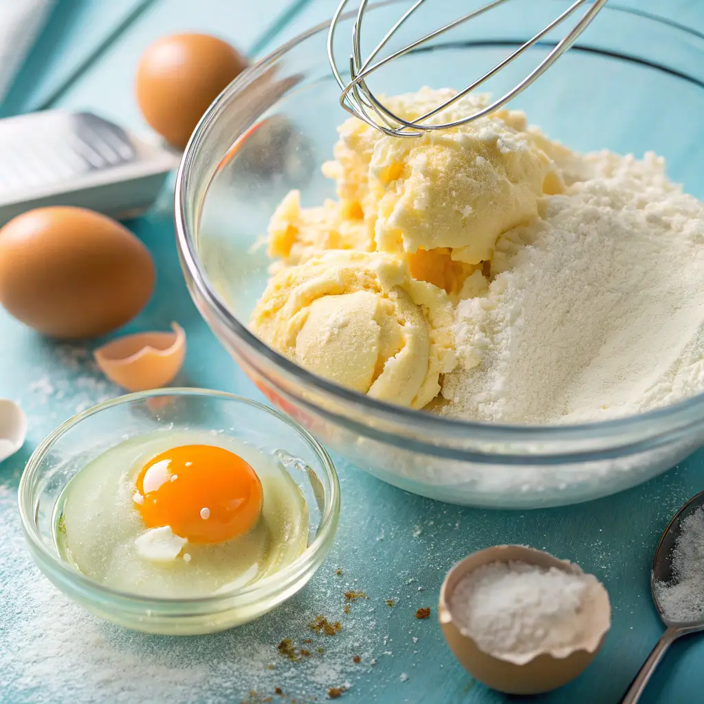 A raw egg with a vivid yolk is added to a fluffy mixture of creamed butter and sugar in a clear glass bowl, shot from above on a blue tabletop, showing a step in baking