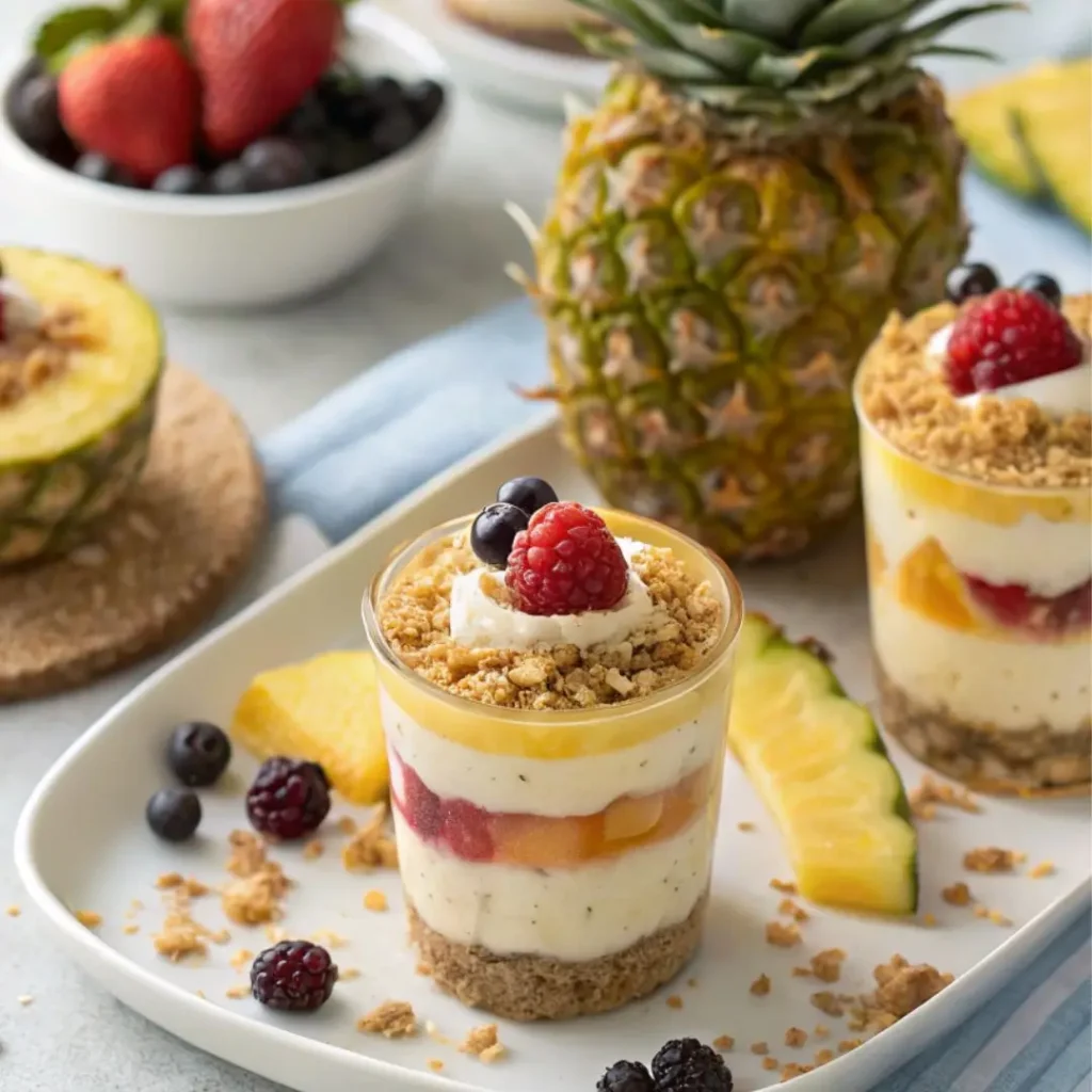 Elevated serving ideas for Cheesecake Fruit Salad, including parfaits, mini cups, and fruit bowls, to impress guests