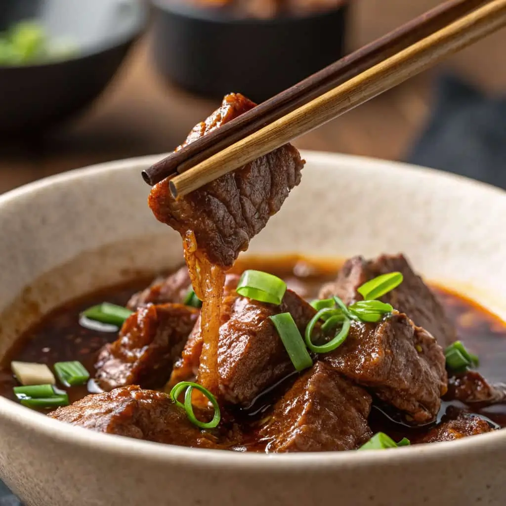 Extreme close-up of chopsticks gently pulling apart a piece of incredibly tender, succulent Chinese braised beef, showcasing its fall-apart texture. The meat is coated in a rich, glossy dark brown sauce, glistening under warm light, with wisps of steam and a garnish of finely sliced green onion