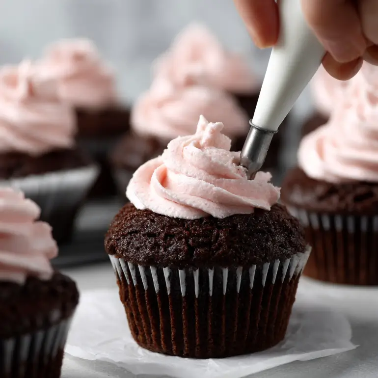 Filling chocolate cupcakes with strawberry buttercream for chocolate covered strawberry cupcakes Valentine's Day dessert