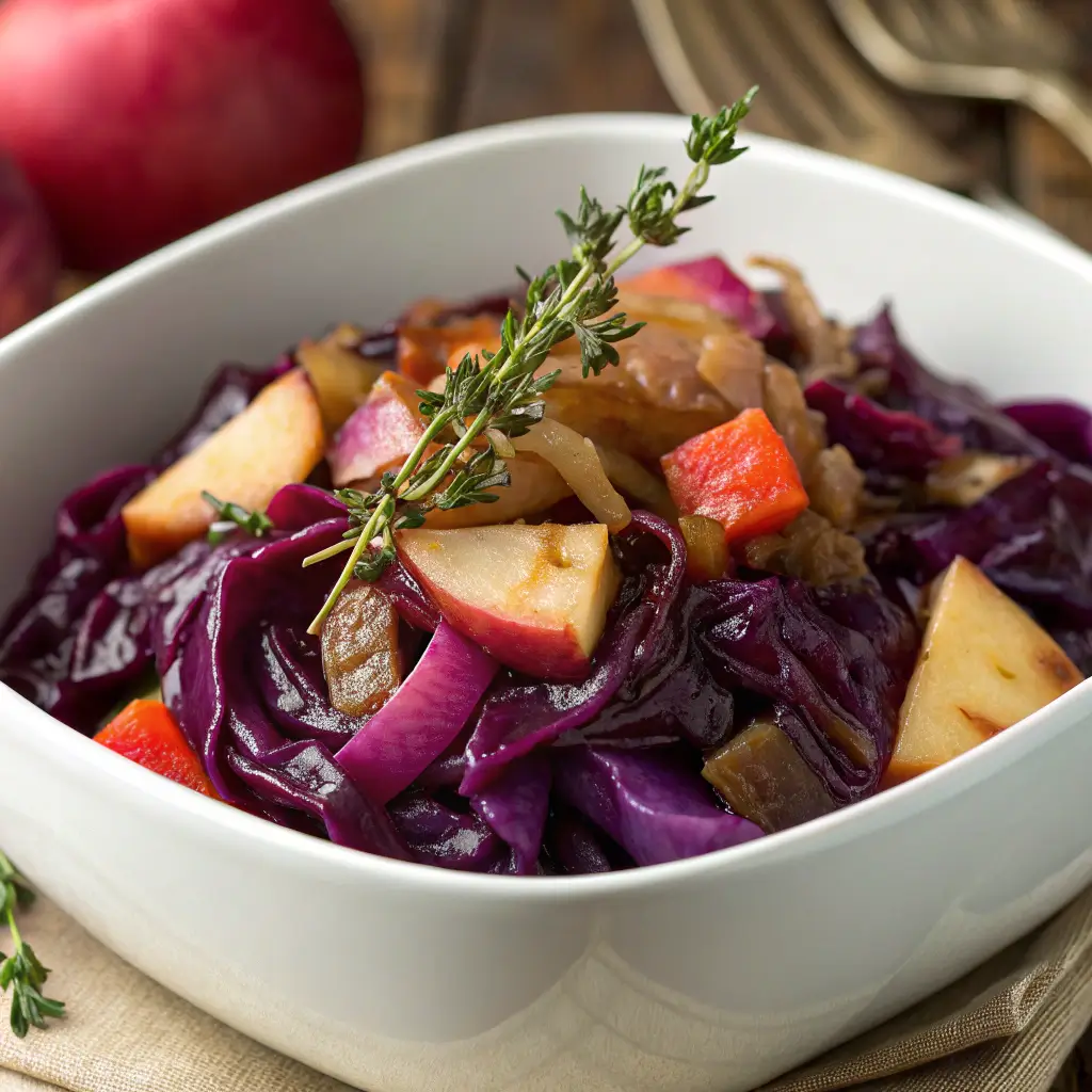 Finished braised purple cabbage with apples - tender and flavorful