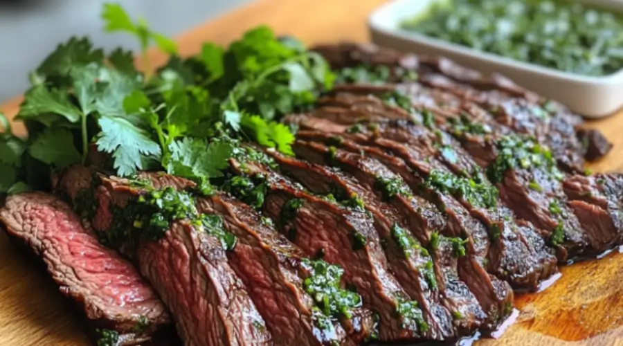 Juicy flank steak with chimichurri sauce sliced across the grain showing perfect medium-rare doneness