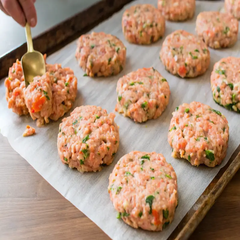 Forming salmon cakes recipe patties by hand on a parchment-lined baking sheet.