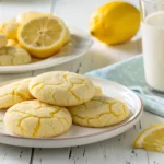 Close-up of homemade soft and chewy lemon sugar cookies dusted with sugar crystals, displayed on a ceramic plate next to fresh lemons and lemon zest