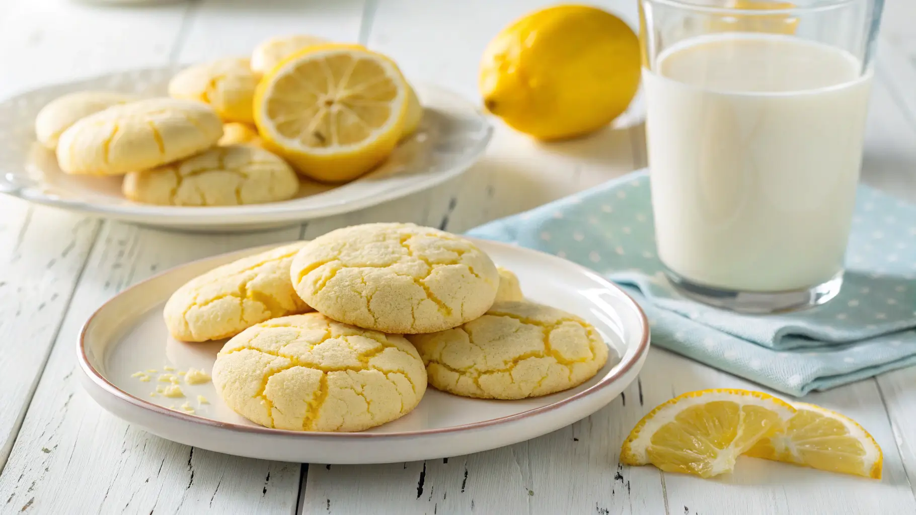 Close-up of homemade soft and chewy lemon sugar cookies dusted with sugar crystals, displayed on a ceramic plate next to fresh lemons and lemon zest