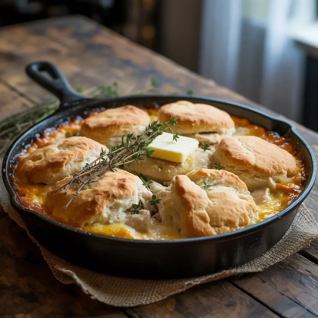 Freshly baked chicken cobbler with golden biscuit topping and bubbling edges in a baking dish.