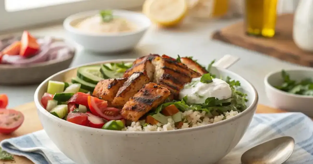 Grilled Harissa Chicken Bowls with couscous, fresh cucumber, cherry tomatoes, herbs, and a dollop of yogurt sauce in a ceramic bowl.