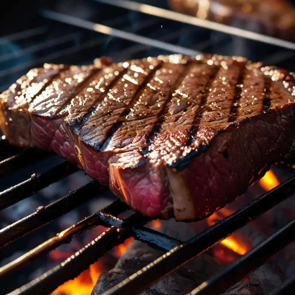Flank steak developing beautiful, deep char marks while grilling on hot grates, showcasing a key cooking technique for the best Flank Steak with Chimichurri Sauce.