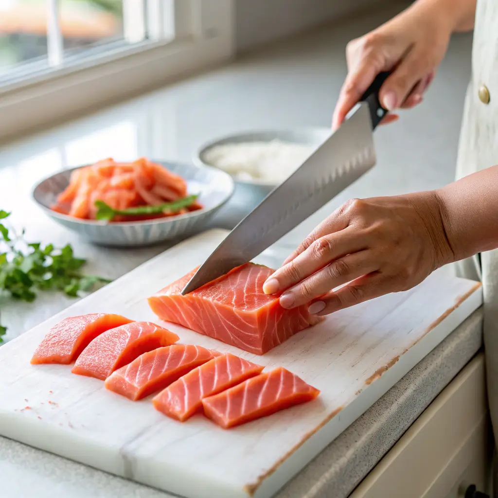 Close-up of hands using Raw Fish Preparation Techniques to thinly slice sushi grade salmon for a salmon crudo recipe.