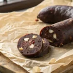 Realistic close-up iPhone shot of a freshly made link of homemade black pudding on baking parchment, detailing its authentic coarse texture and rich color under natural kitchen light