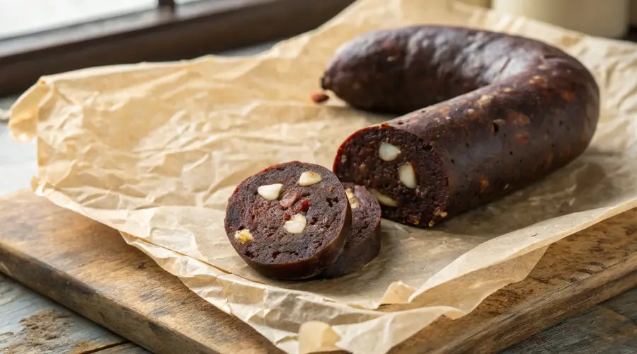 Realistic close-up iPhone shot of a freshly made link of homemade black pudding on baking parchment, detailing its authentic coarse texture and rich color under natural kitchen light