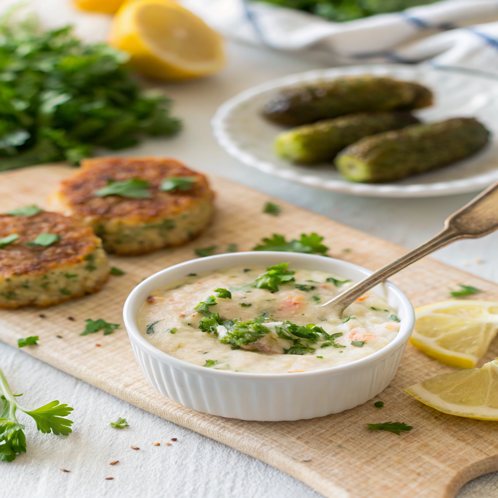 Homemade tartar sauce for salmon cakes recipe in a small bowl with fresh ingredients.