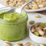Homemade pistachio butter in glass jar with wooden spoon and raw pistachios