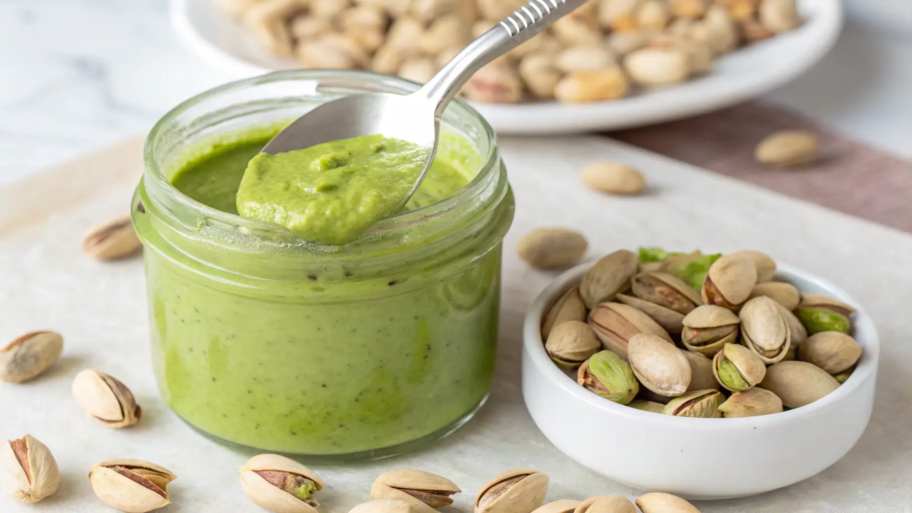 Homemade pistachio butter in glass jar with wooden spoon and raw pistachios