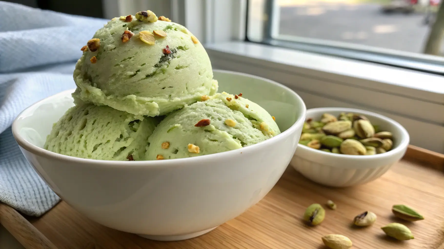 Close-up of homemade pistachio ice cream recipe with chopped nuts on top, showcasing creamy texture in a natural kitchen setting.