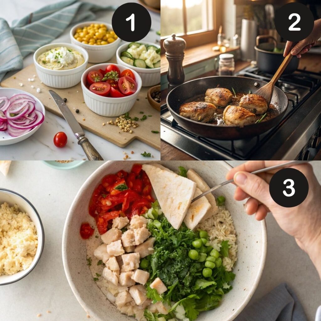 Step-by-step Harissa Chicken Bowls with marinated chicken, vibrant toppings, and spicy vinaigrette