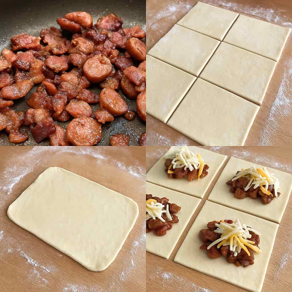 Step-by-step preparation of Alabama Hot Pockets: cooking meats, rolling pastry, and assembling fillings.