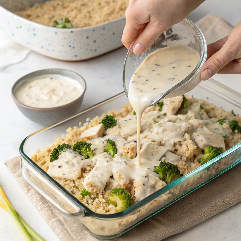 Pouring creamy sauce over chicken broccoli rice casserole mixture in baking dish before adding cheese topping
