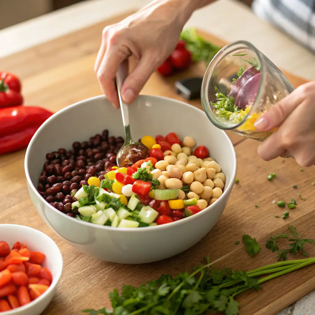 Close-up of hands assembling dense bean salad recipe , adding fresh vegetables to four varieties of beans in mixing bowl under natural light