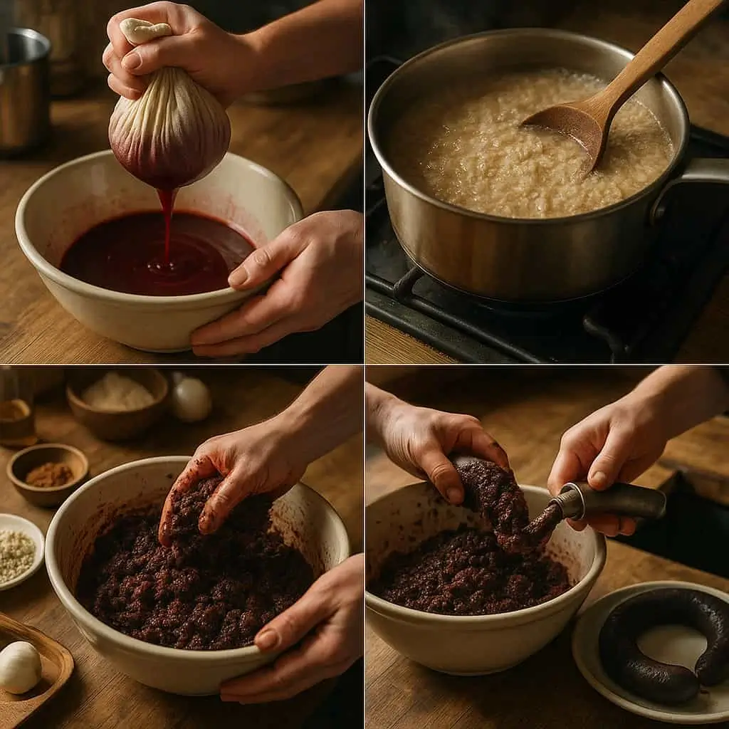A visual guide showing the step-by-step process of how to make homemade black pudding, from ingredients to finished product