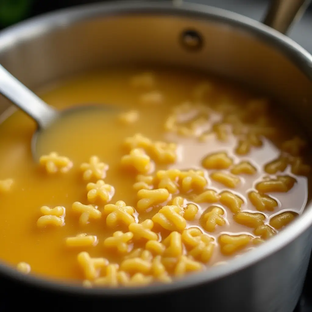 Pastina cooking in chicken broth, stirring to achieve creamy texture—easy pastina recipe in progress.