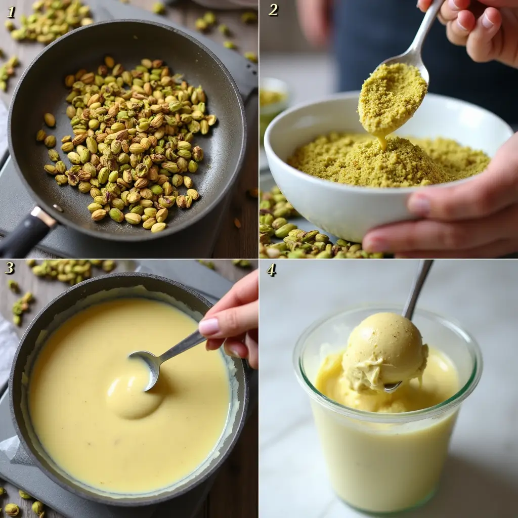 Step-by-step process of making pistachio ice cream recipe at home, including whisking egg yolks, tempering with cream, cooking custard, and blending with pistachios for a creamy homemade texture.
