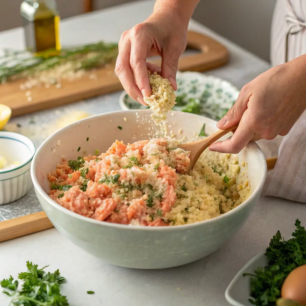 Pan-frying salmon cakes in a skillet, showing the golden crust from this salmon cakes recipe.