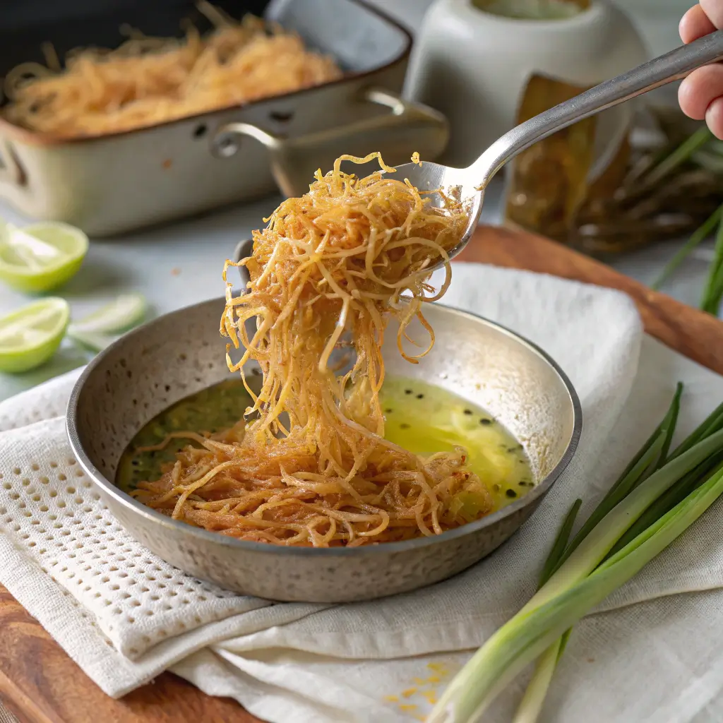 Close-up of crispy fried leeks being lifted from oil, a key step in making Crudo with Fried Leeks for a salmon crudo recipe.