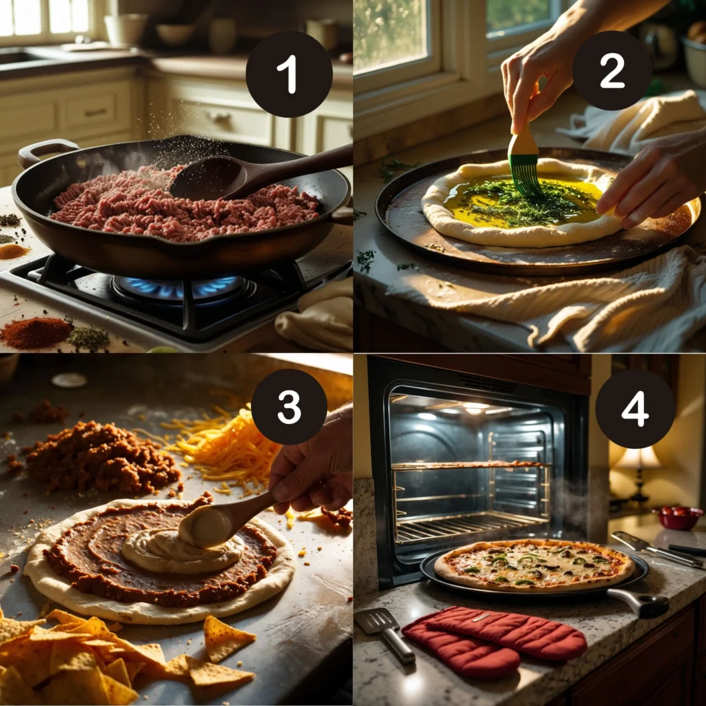 Step-by-step process of making Taco Pizza — from browning the beef to brushing dough, layering taco toppings, and baking the pizza to perfection.