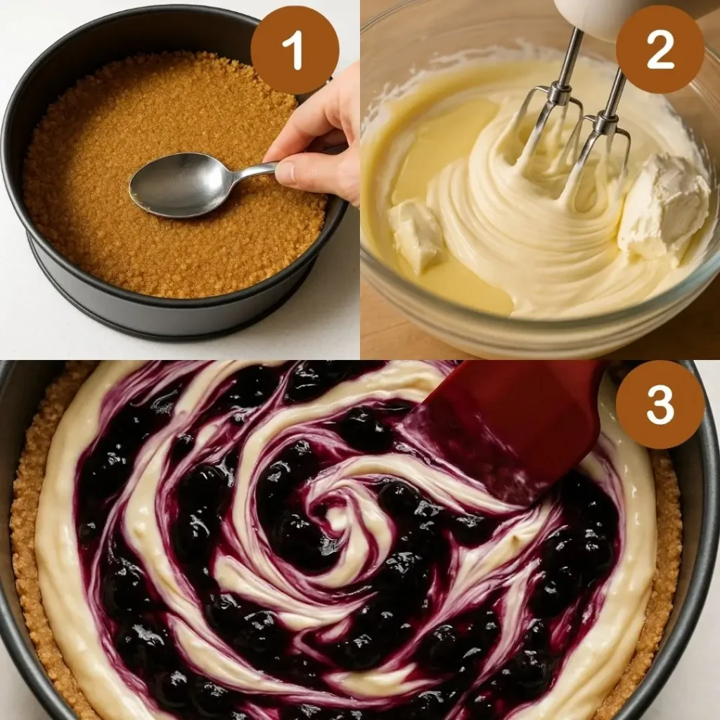 Preparing the white chocolate blueberry cheesecake begins with firmly pressing the graham cracker crust into the bottom of the pan, creating a buttery, crunchy base. Next comes the smooth, creamy filling, carefully mixed to a rich consistency with white chocolate. Finally, a swirl of vibrant blueberry compote is gently folded into the batter, creating beautiful ribbons of fruit throughout the cheesecake before it heads to the oven.