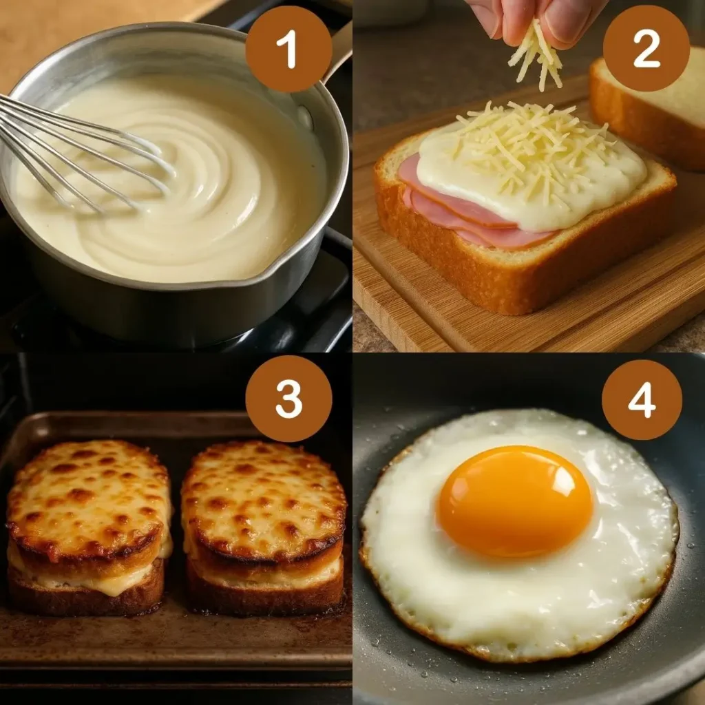 Four-panel image showing how to make a Croque Madame: 1. Whisking béchamel sauce. 2. Assembling bread, ham, béchamel, and cheese. 3. Baked Croque Monsieur sandwiches. 4. Frying a sunny-side-up egg.
