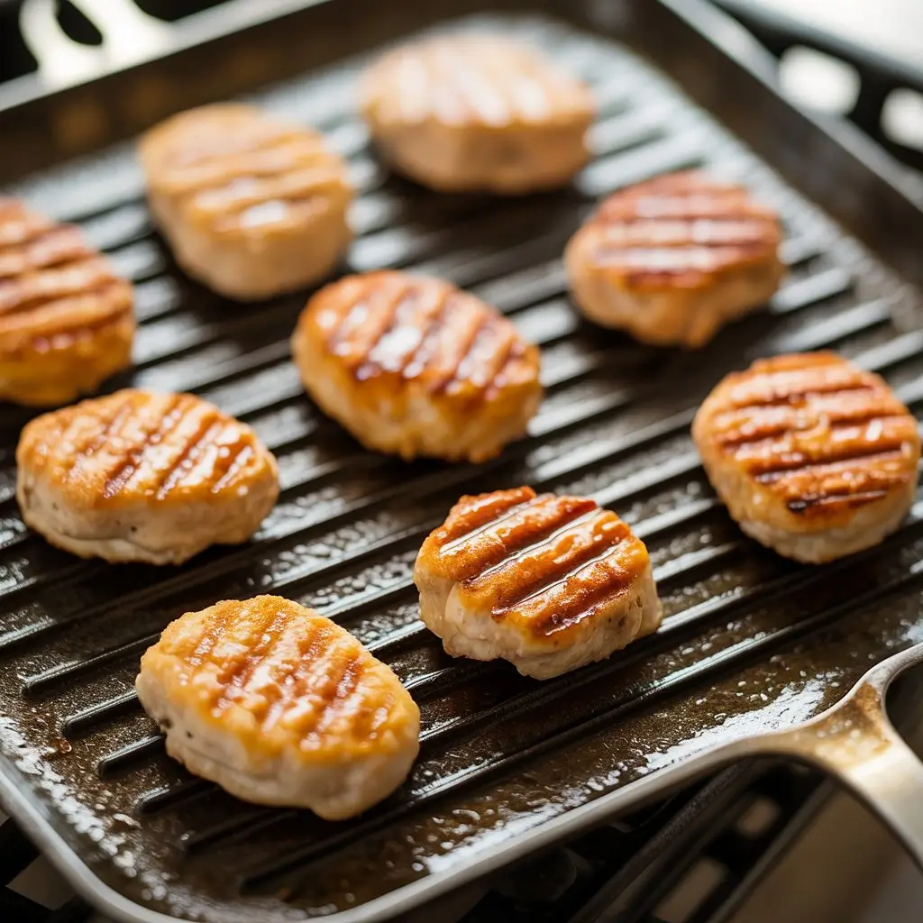 Step-by-step: How to make Chick Fil A grilled chicken nuggets at home, shown sizzling with grill marks on a hot grill