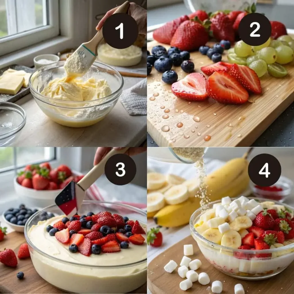A 4-panel collage showing the steps to make Cheesecake Fruit Salad: 1. Mixing the creamy base ingredients in a glass bowl. 2. Freshly washed strawberries, blueberries, and grapes on a cutting board. 3. Gently folding berries into the prepared cheesecake base. 4. Adding sliced bananas, mini marshmallows, and a sprinkle topping to the finished Cheesecake Fruit Salad.